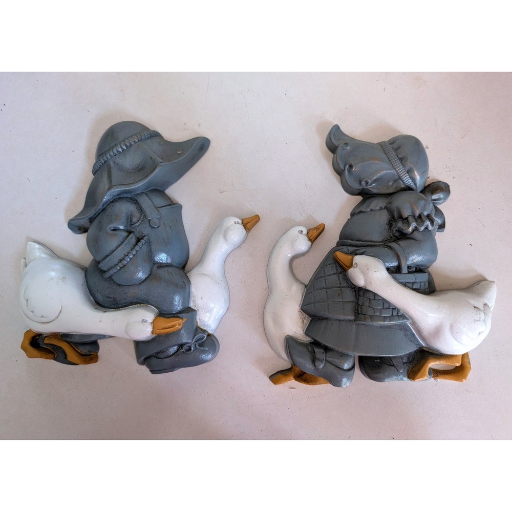 Vintage 1988 Burwood Country Boy and Girl With Geese Wall Plaque Set Farmhouse